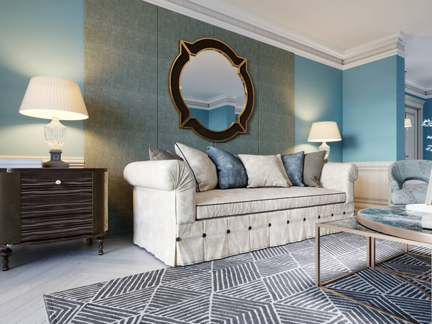 Lussuoso divano beige in stile classico con due comodini in legno con lampade e specchio su fondo a parete azzurro. Rendering 3D. - Foto, immagini