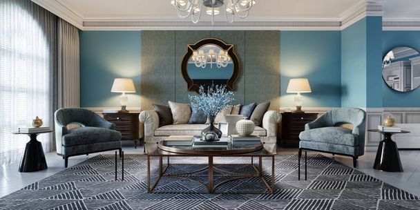 Salon w klasycznym stylu śródziemnomorskim z beżową sofą i dwoma niebieskimi fotelami i niebieskimi ścianami, telewizorem i wystrojem wnętrz. Renderowanie 3D. - Zdjęcie, obraz