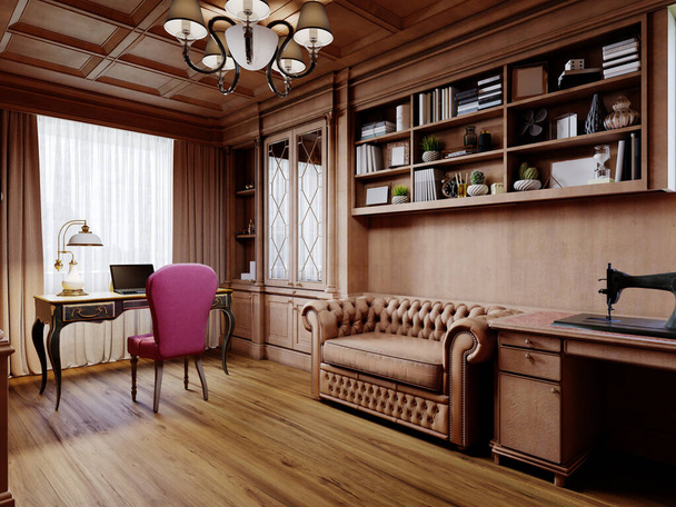 Drewniana szafka biurowa w klasycznym stylu z szafkami szafkowymi z wystrojem wnętrz i biurkiem z miękkim różowym krzesłem. Renderowanie 3D. - Zdjęcie, obraz