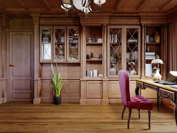 Деревянный офисный шкаф в классическом стиле с буфетными шкафами с внутренним декором и рабочим столом с мягким розовым стулом. 3D рендеринг
. - Фото, изображение