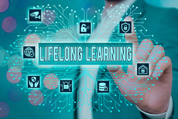 Text sign showing Lifelong Learning. Conceptual photo pursuit of knowledge for an individualal or professional reasons System administrator control, gear configuration settings tools concept. - Photo, Image
