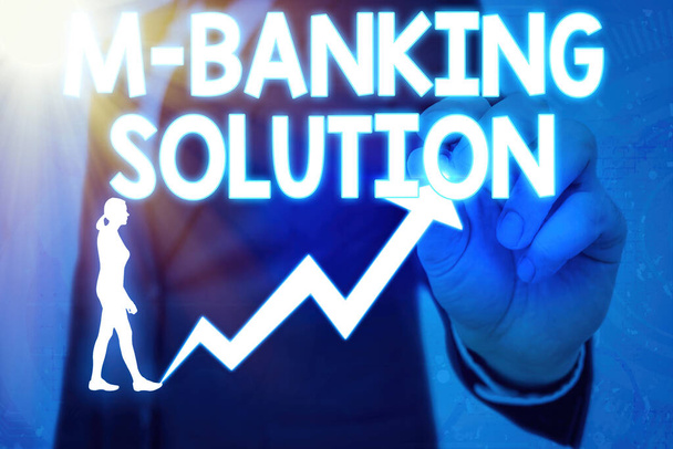 Почерк тексту M-Banking Solution. Концепція, що означає вести фінансові операції віддалено за допомогою мобільного пристрою
. - Фото, зображення