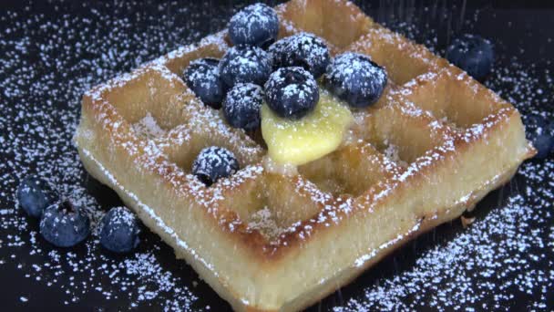 Belgian Waffles with Blueberries and powdered sugar - Felvétel, videó