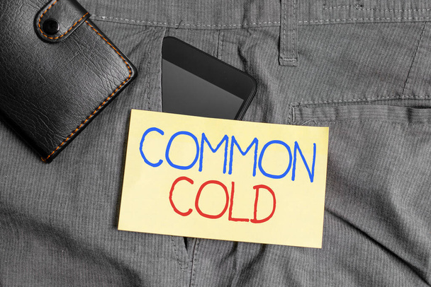 Szóírás szöveg Common Cold. Üzleti koncepció a felső légúti vírusfertőzésre, amely elsősorban az orrot érinti Okostelefon készülék a nadrág belső zsebében pénztárcával és papírral. - Fotó, kép