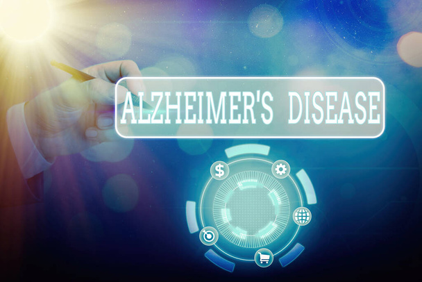 Znak tekstowy pokazujący chorobę Alzheimera. Zdjęcie koncepcyjne nieodwracalne zaburzenie mózgu, które powoli niszczy pamięć. - Zdjęcie, obraz