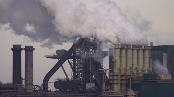 Fabrik Tata Steel mit rauchenden Schornsteinen am sonnigen Abend, IJmuiden, Niederlande - Filmmaterial, Video