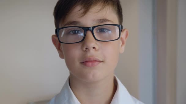 Крупный план портрета симпатичного мальчика 11 лет в очках. Умный парень. Вундеркинд
 - Кадры, видео