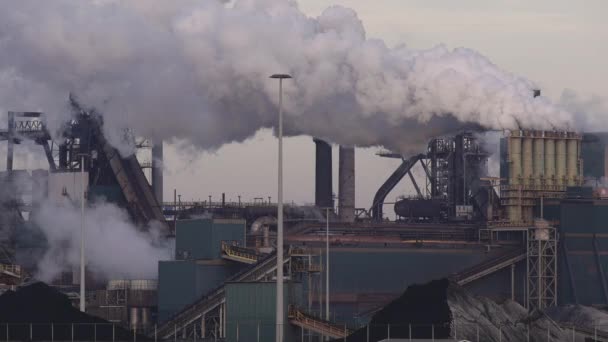 Fábrica Tata Steel con chimeneas humeantes en la tarde soleada, IJmuiden, Países Bajos - Metraje, vídeo
