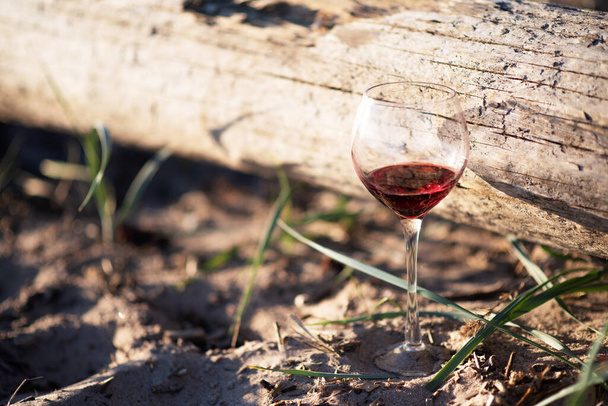 a glass of red wine stands on the sand against a background of dry wood - Foto, afbeelding