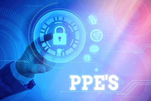 Λέξη γράφοντας κείμενο Ppe s είναι. Επιχειρηματική ιδέα για εξειδικευμένο εξοπλισμό προστασίας από κινδύνους για την υγεία και την ασφάλεια Γραφικό λουκέτο για το σύστημα εφαρμογής ασφάλειας πληροφοριών web. - Φωτογραφία, εικόνα