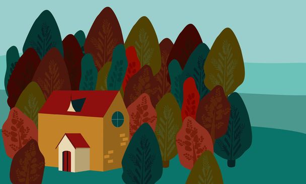 Cute Autumn flat vector illustration.Autumn leaf fall, crimson forest. Cozy residence,forest house.Template for greeting card,flyer.trendy hand drawn card.Happy family on holidays,travelling,camping. - ベクター画像