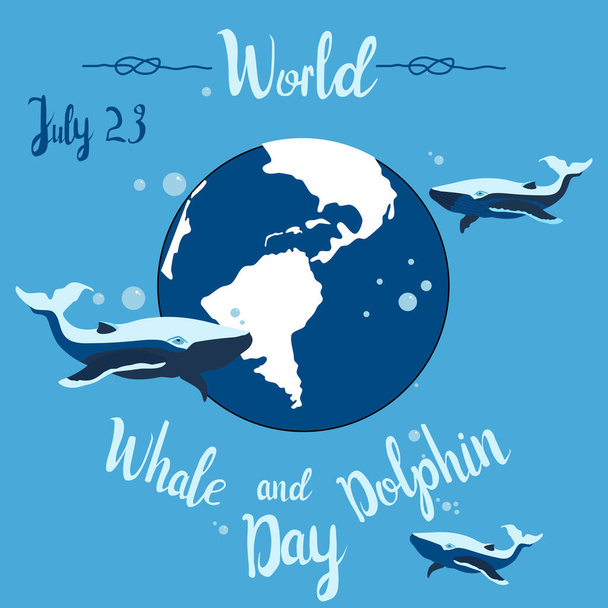 Journée mondiale des baleines et des dauphins 23 juillet affiche vectorielle.Baleines dessinées à la main nagent dans l'océan avec des lettres, des vagues et des bulles. - Vecteur, image