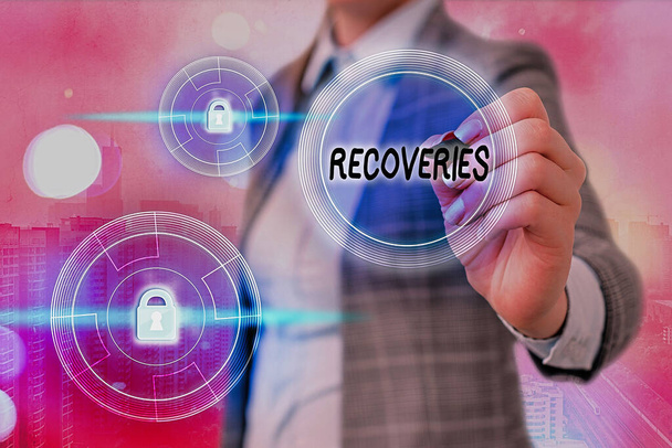 Text sign showing Recoveries. Conceptual photo process of regaining possession or control of something lost Graphics padlock for web data information security application system. - Photo, Image