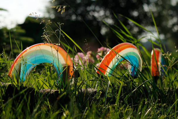 Rainbow kitsch lámpara de neón colorido en el jardín
. - Foto, imagen