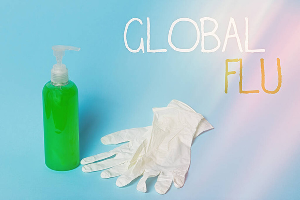 Conceptual hand writing showing Global Flu. Business photo text Common communicable illness spreading over the worldwide fastly Primary medical precautionary equipments health protection. - Photo, Image