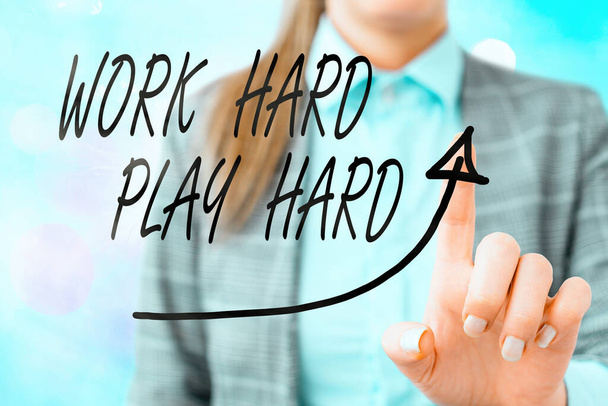 Conceptual hand writing showing Work Hard Play Hard. Business photo showcasing diligent in any activity Party at weekends Hardworking Digital arrowhead curve denoting growth development concept. - Photo, Image