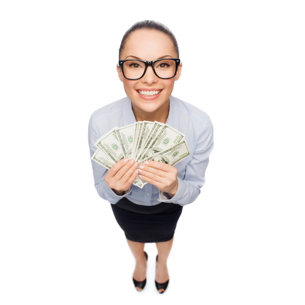 Smiling businesswoman with dollar cash money - Fotó, kép