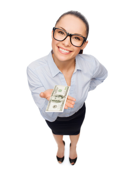 Smiling businesswoman with dollar cash money - Fotó, kép