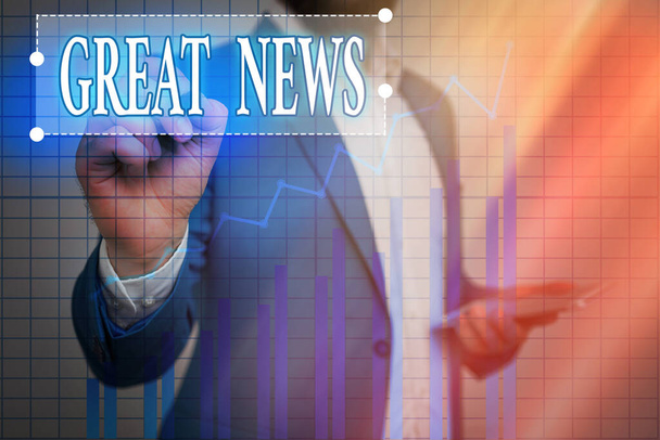 Text sign showing Great News. Conceptual photo the surprised reaction of learning good news or fortunate event Ascending growth trends movement performance financial chart status report. - Photo, Image