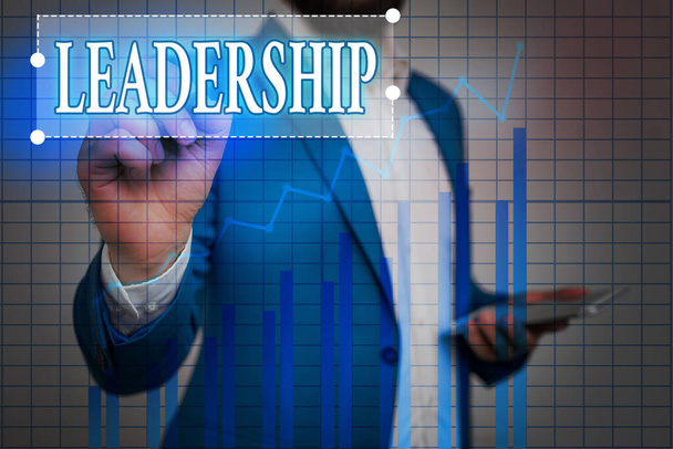 Text sign showing Leadership. Conceptual photo art of motivating to act toward achieving a common goal Ascending growth trends movement performance financial chart status report. - Photo, Image