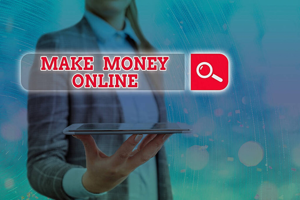 Teksti merkki osoittaa Make Money Online. Käsitteellinen kuva Saat maksaa ansaita rahaa freelancerina ja web-markkinoinnin Web-haku digitaalista tietoa futuristinen teknologia verkkoyhteys. - Valokuva, kuva