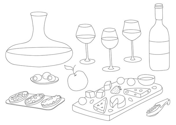 Doodle rajzfilm fekete-fehér vonal stílusú vektor illusztráció. Csendélet vagy készlet különböző poharak, decanter, üveg és előételek, mint a sajt vagy olajbogyó. Borbár étterem étlap hirdetésekhez. - Vektor, kép