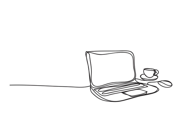 tietokone ja kahvi kuppi, linja piirustus tyyli,, vektori suunnittelu
 - Vektori, kuva