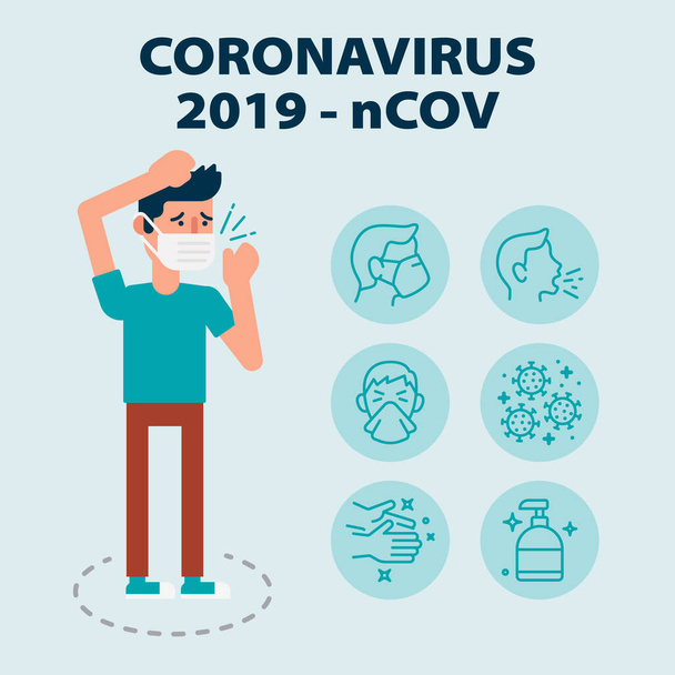Covid-19 Coronavirus Wuhan virüsü hakkında bir dizi ikon içeren bilgiler ve maske takan resimli hasta adam. - Vektör, Görsel
