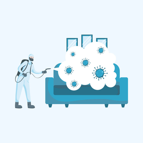 Man with protective suit spraying couch with covid 19 vector design - Vector, Image