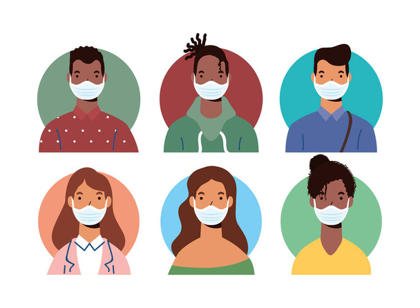 ryhmä monimuotoisuuden ihmiset yllään lääketieteelliset naamiot merkkiä - Vektori, kuva
