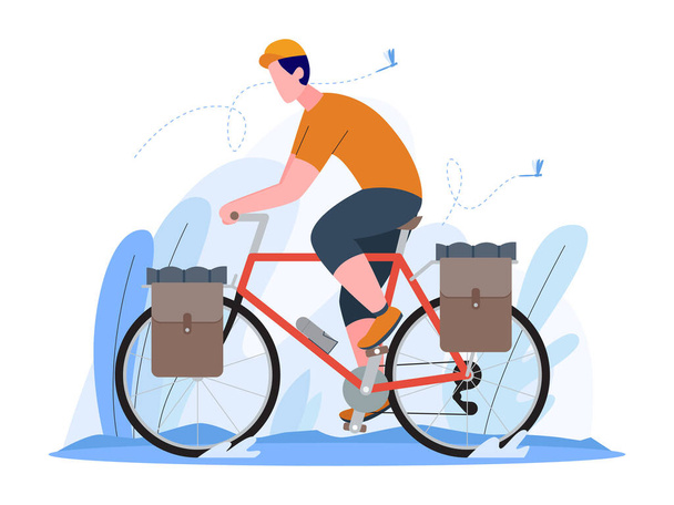 uomo in sella a una bici da turismo, uomo in sella a una bicicletta, esplorare il mondo in bicicletta, concetto di illustrazione, stile piatto vettoriale - Vettoriali, immagini
