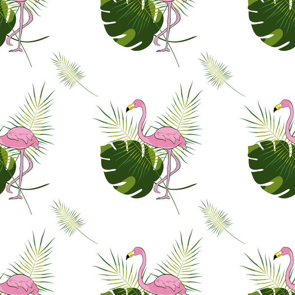 Uccello fenicottero con foglie di piante tropicali. Sfondo senza cuciture. Illustrazione vettoriale. - Vettoriali, immagini