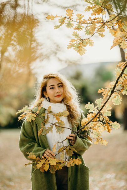 秋の紅葉を背景に美しい秋のアジア人女性. - 写真・画像