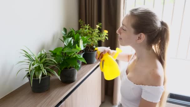 Young Woman Spray Water on Flowers from Watering Can, Taking Care, Growing Plant - Metraje, vídeo
