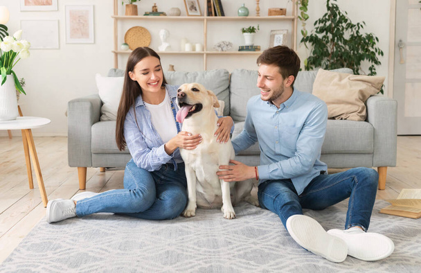 Happy couple with dog sitting in living room - Foto, Bild