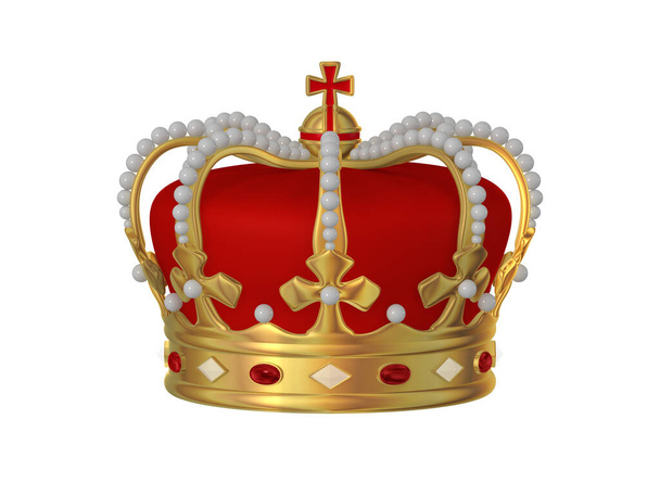Goldene Krone dekoriert mit roten und weißen Edelsteinen - 3D Illustration - Foto, Bild