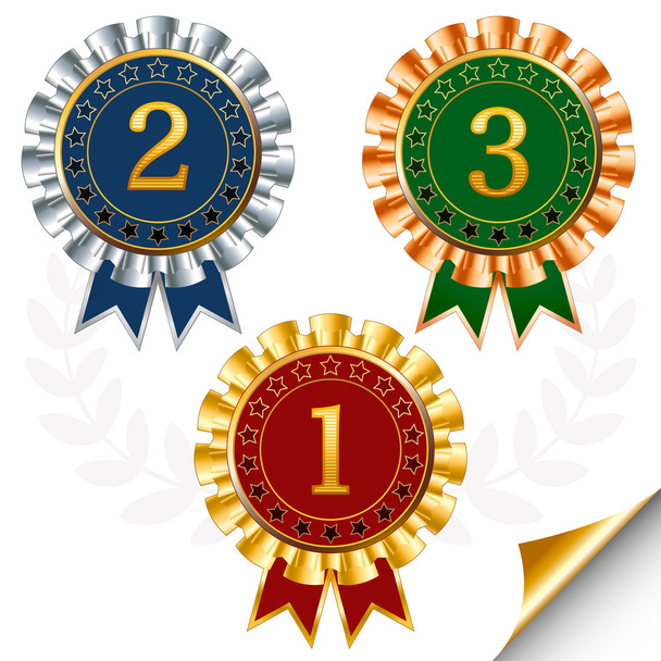 Vector set of red, blue and green award badges with silver and g - Vector, afbeelding