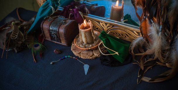 Old world, Magic attributes for rituals and fate prediction, details on a table of witch, occultism concept - Photo, Image