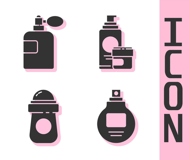 Set Perfume, Perfume, Antiperspirant deodorant roll and Cream or lotion cosmetic tube icon. Vector. - Vector, Image