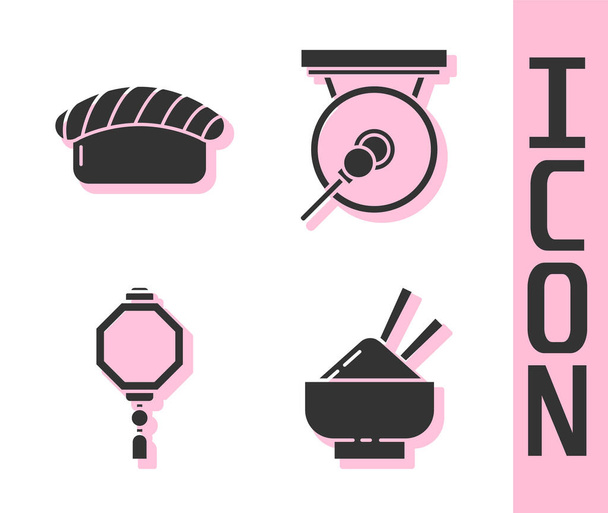 Set Rice in a bowl with chopstick, Sushi, Chinese paper lantern and Gong icon. Vector. - Vector, Image