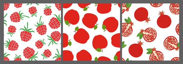Berry és gyümölcs zökkenőmentes minta készlet. Vektor élelmiszer divat nyomtatás. Vörös málna, alma és fokhagyma. Textil- vagy ruhaelemek tervezése. Kézzel rajzolt firka ismétli a finomságokat. Cuki háttér - Vektor, kép