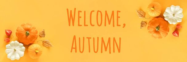 Welcome Autumn text and fall composition made from pattison, squash, pumpkin and yellow leaves herbarium on orange background. Top view Flat lay Banner. - Foto, imagen