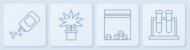 Set line Medicine bottle and pills, Plastic bag of drug, Marijuana or cannabis plant in pot and Test tube and flask. White square button. Vector. - Vector, Image