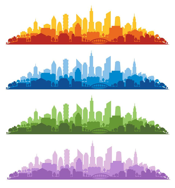 Conjunto de ilustración vectorial con paisajes urbanos de múltiples colores sobre fondo blanco
 - Vector, Imagen