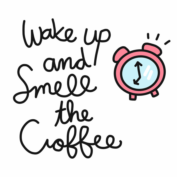 目を覚ますとコーヒーの言葉と目覚まし時計ベクトルイラストドールスタイル - ベクター画像