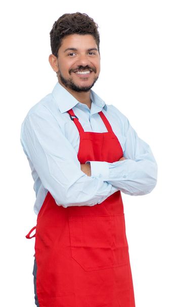 Laughing hispanic waiter with crossed arms isolated on white background for cut out - Фото, изображение