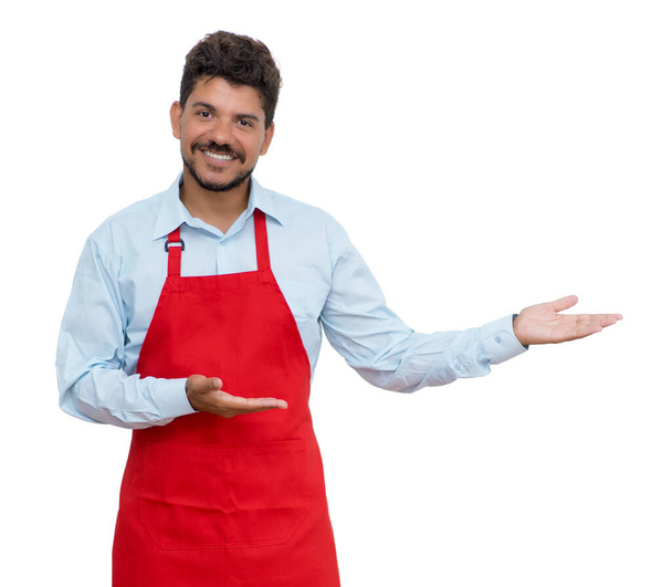 Presenting hispanic waiter with beard isolated on white background for cut out - Φωτογραφία, εικόνα