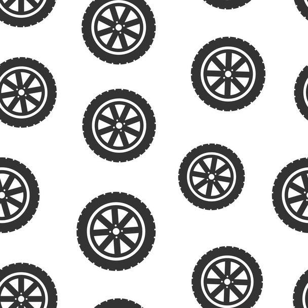 Car wheel icon in flat style. Vehicle part vector illustration on white isolated background. Tyre seamless pattern business concept. - Vecteur, image