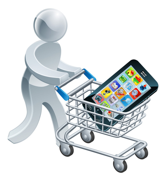 Person pushing trolley with mobile phone - Vector, afbeelding