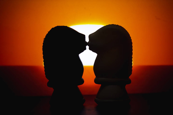 Silhouette Chess pieces knights kissing each isolated on sunrise background. Confrontation of chess pieces.Chess pieces knights head. - Foto, afbeelding